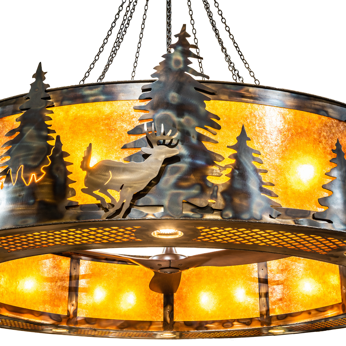 Roosevelt Big Ass Chandel-Air close-up showing handcrafted metalwork and amber illumination.