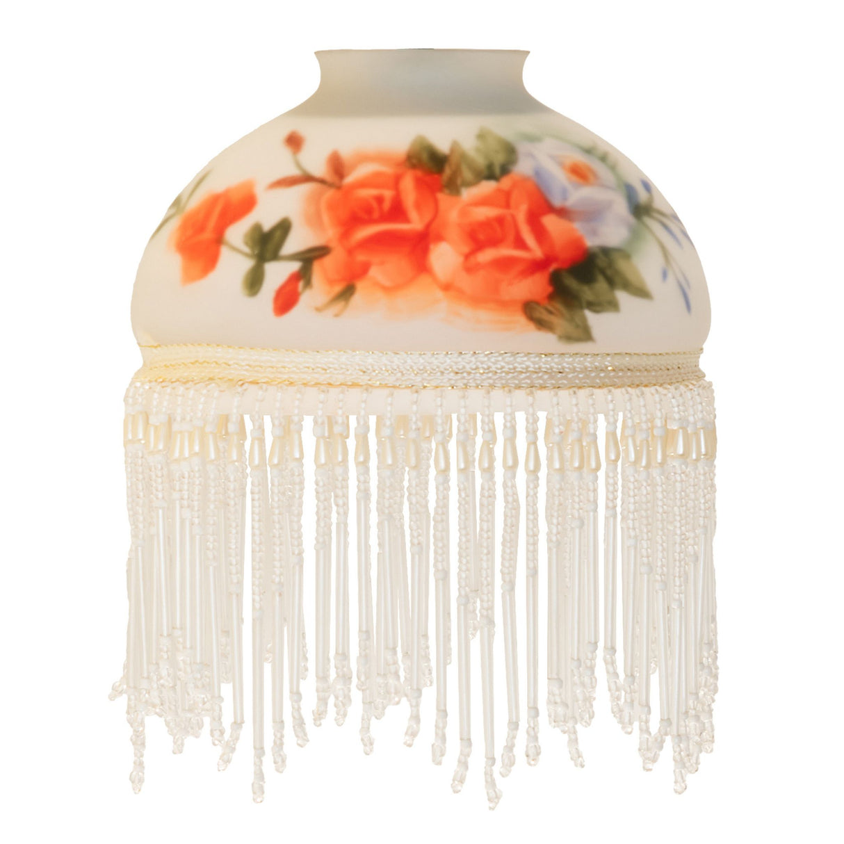 Lit view of rose bouquet glass shade with white beaded fringe.