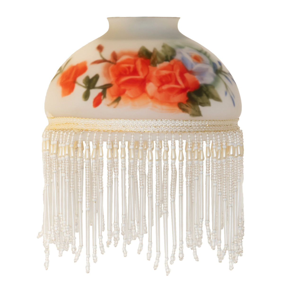 Unlit view of rose bouquet glass shade with white beaded fringe.