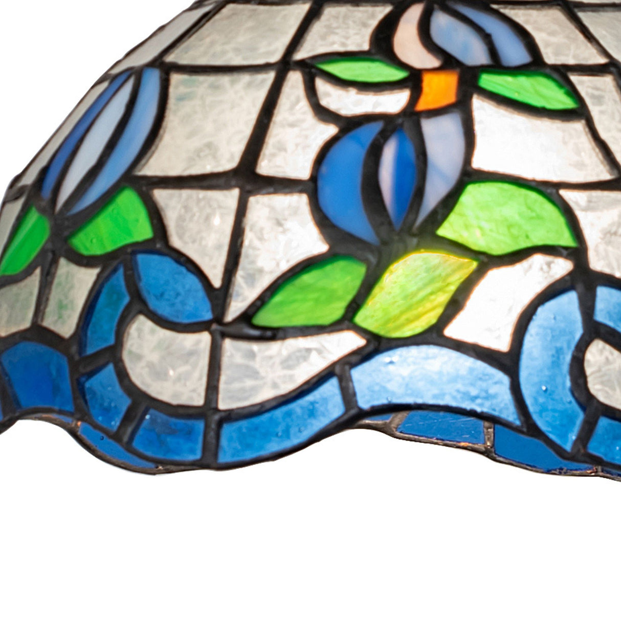 Close-up of the Roseborder Flushmount ceiling light's intricate stained glass.