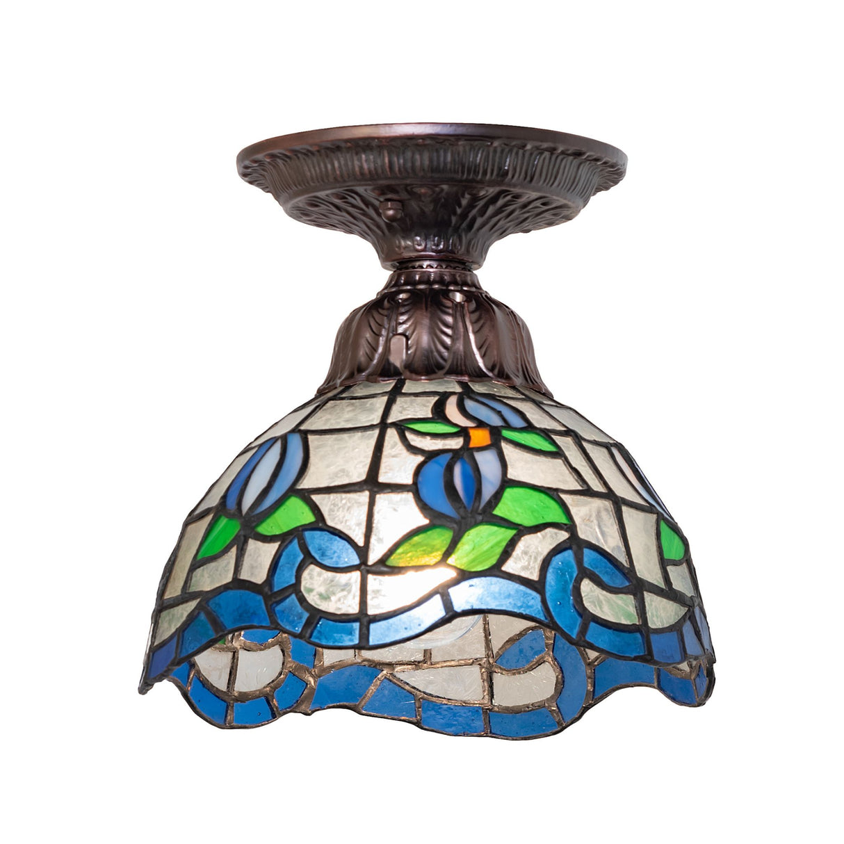 Side view of the Roseborder Flushmount with floral stained glass details.
