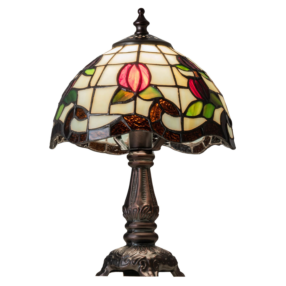 Angled view of Roseborder mini lamp highlighting intricate stained glass patterns.