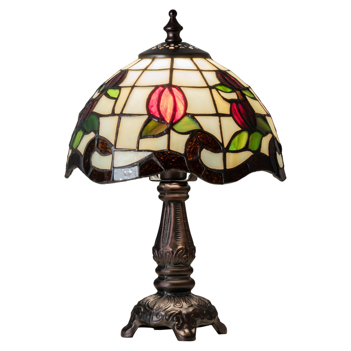 Front view of lit Roseborder mini lamp showing detailed burgundy rose design.
