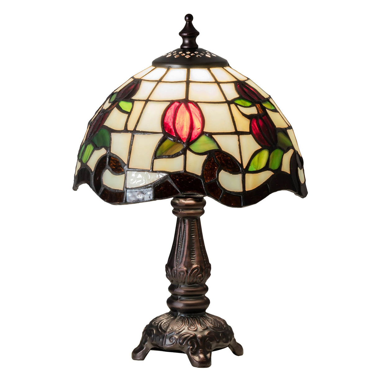 Illuminated Roseborder mini lamp with beige gridwork and burgundy rose accents.