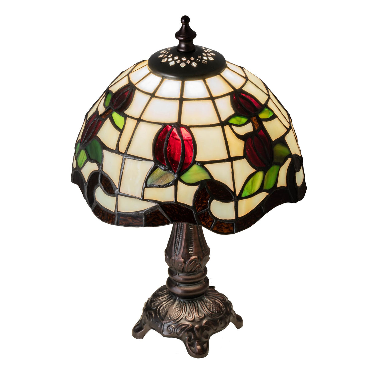 Roseborder Mini Lamp showcasing its stained glass rose design.