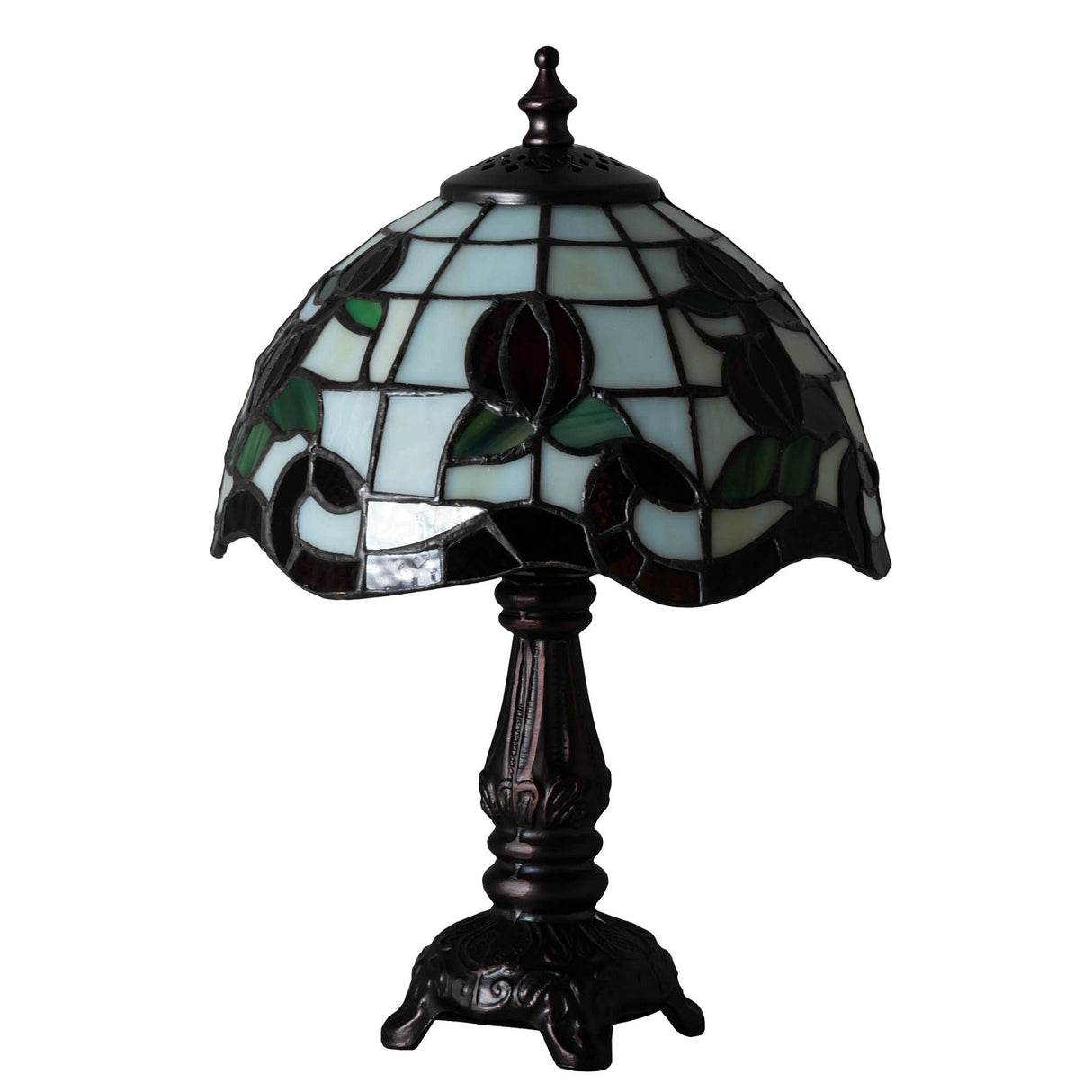 Front view of unlit Roseborder mini lamp with rootbeer granite border.