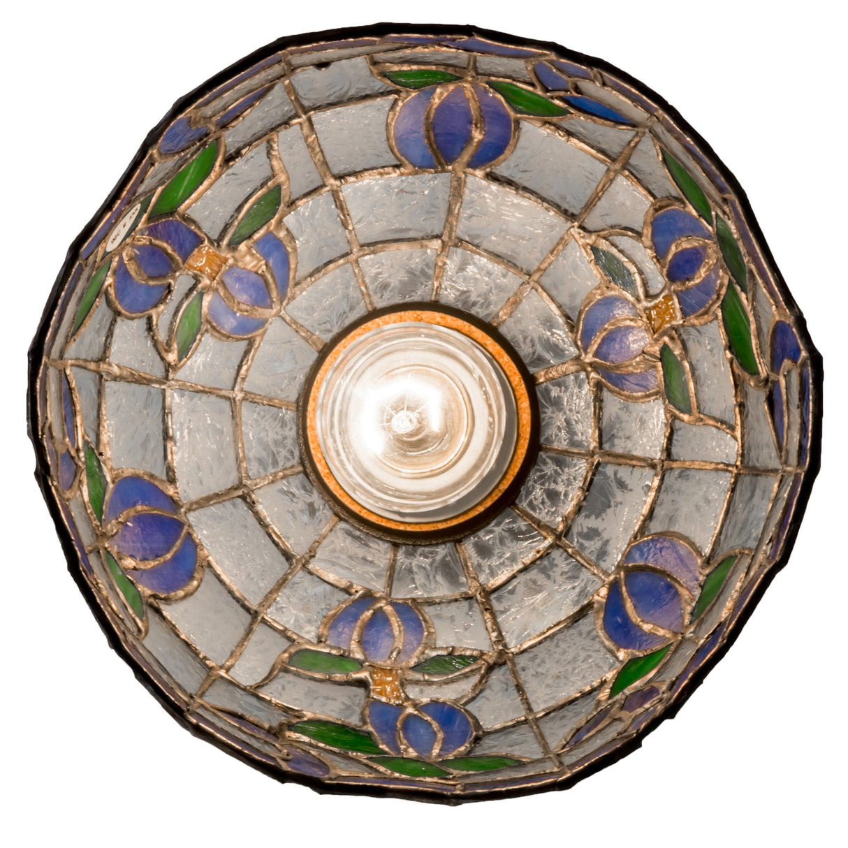 Bottom view of Roseborder mini pendant with floral stained glass design.
