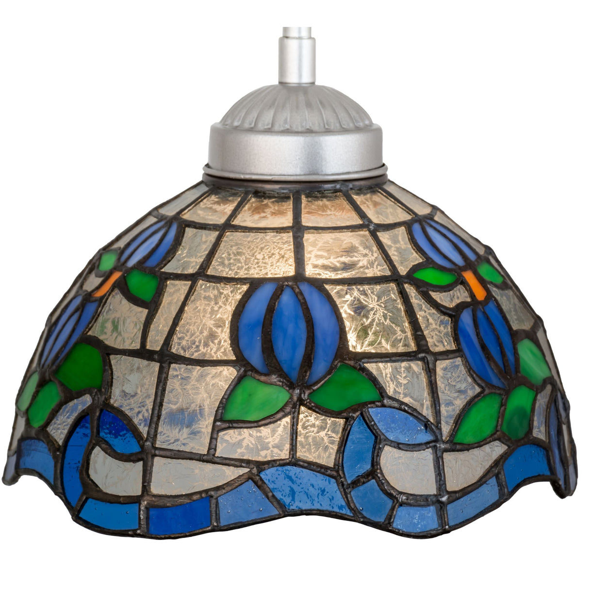 Close-up of the Roseborder mini pendant highlighting intricate floral glasswork.