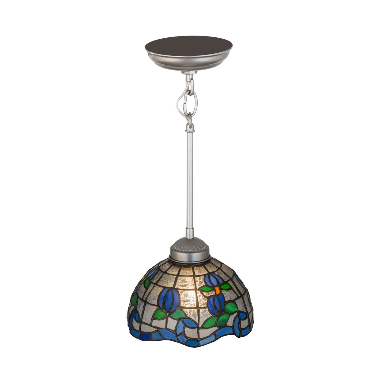 Roseborder mini pendant with vibrant stained glass and a silver canopy.