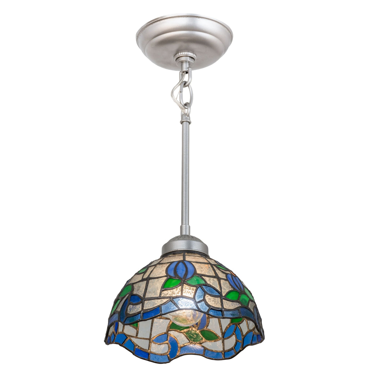 Front view of Roseborder mini pendant showcasing vibrant blue and green glass design.