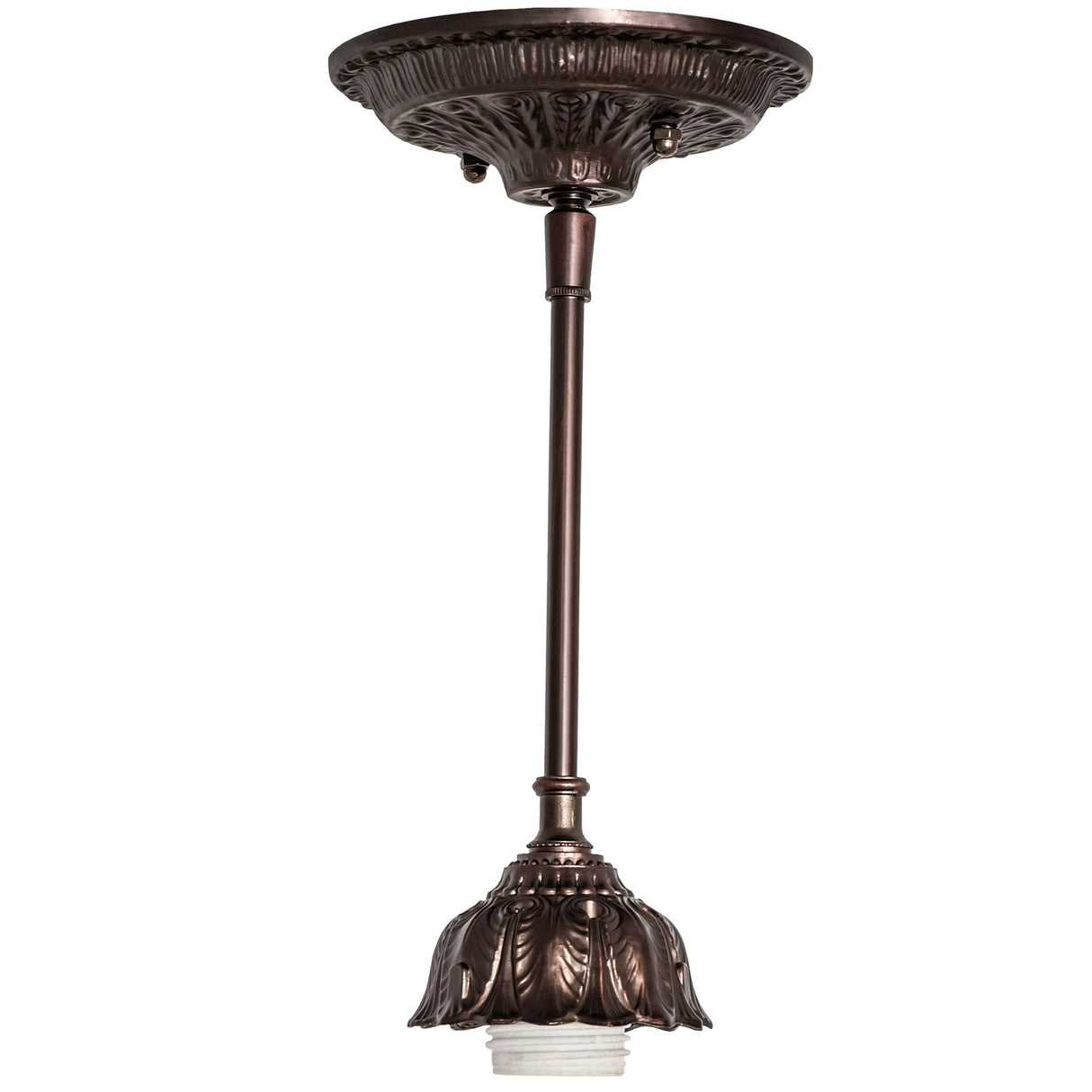 Full view of the Roseborder Mini Pendant hanging from a bronze canopy.