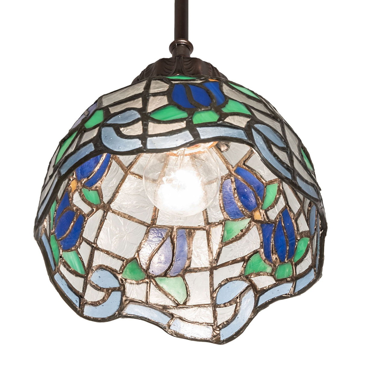 Stained glass detail with blue and green accents of Roseborder Mini Pendant.