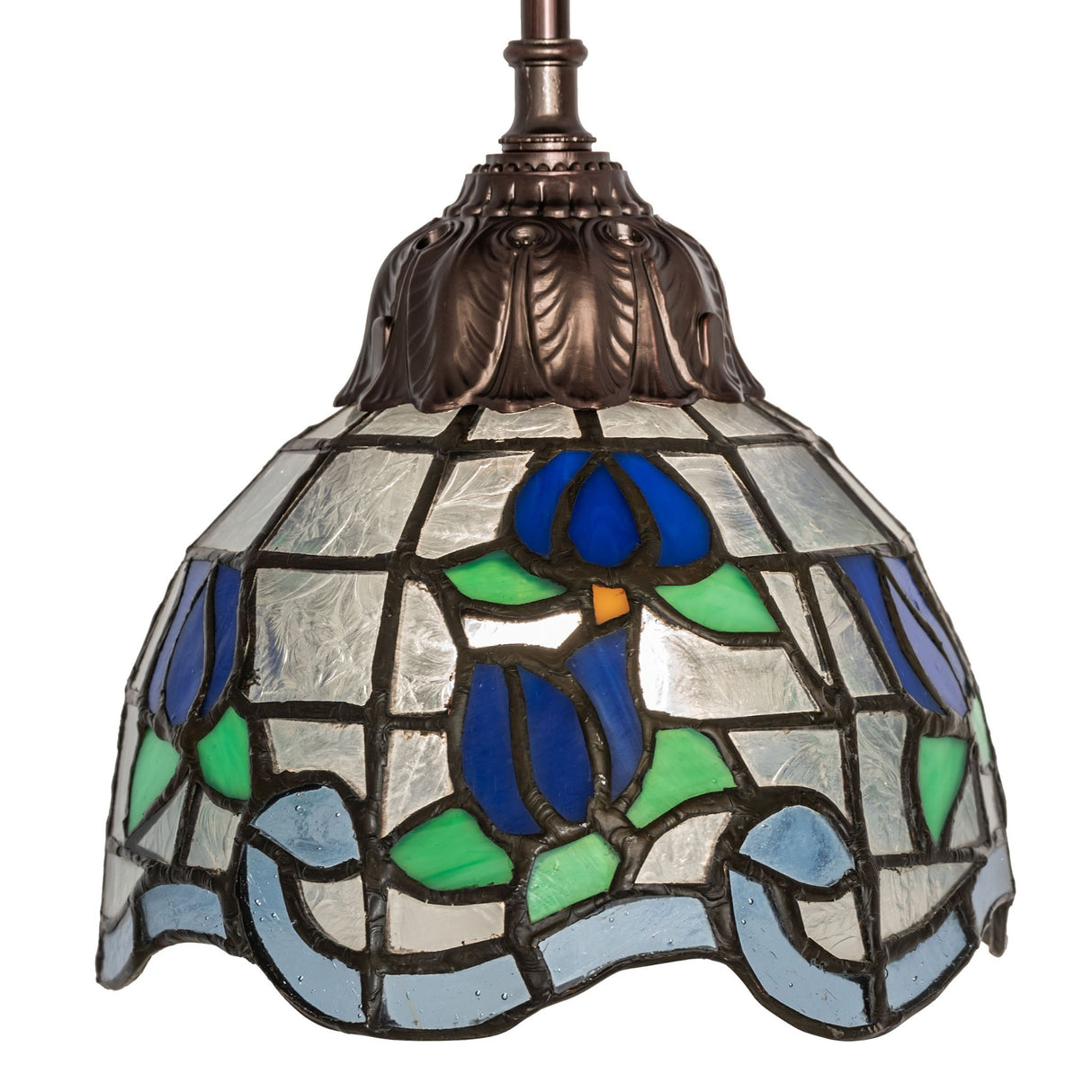 Closeup of Roseborder Mini Pendant with intricate stained glass.