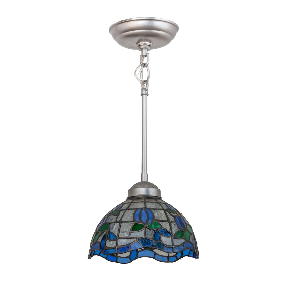 Side profile of Roseborder mini pendant showcasing intricate blue and green glasswork.