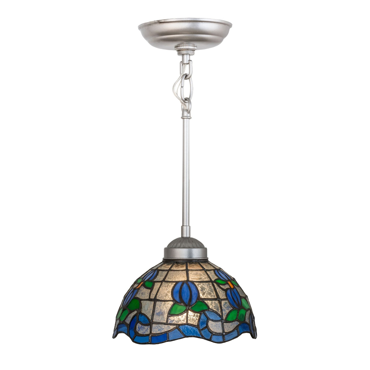 Roseborder mini pendant with colorful floral stained glass and silver hardware.