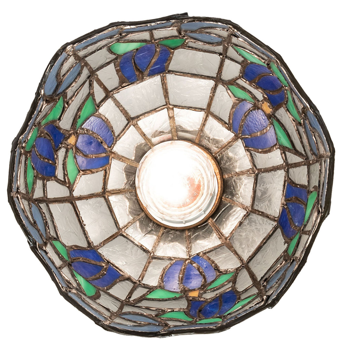 Illuminated stained glass top view of Roseborder Mini Pendant.