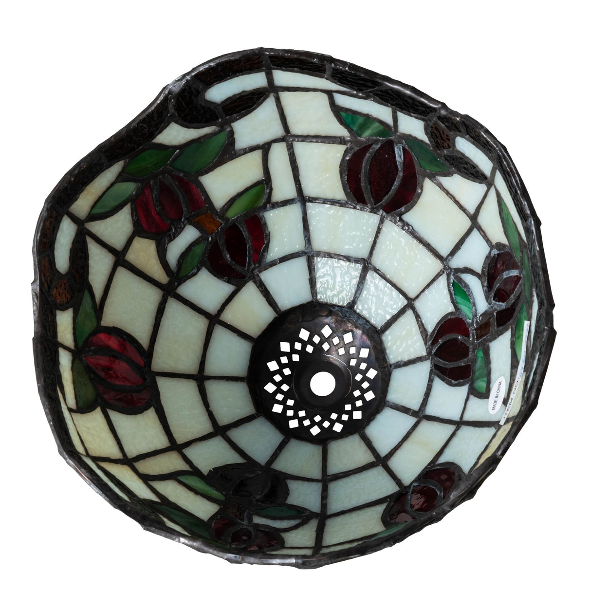 Bottom view of the Roseborder shade showing intricate rose and leaf patterns.
