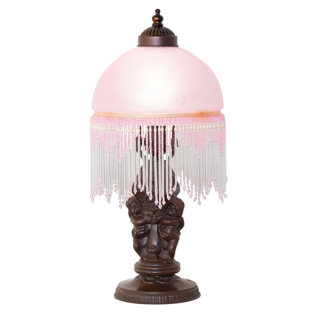 Victorian-style Roussillon Cherub Mini Lamp with pink glass shade and beaded fringe.