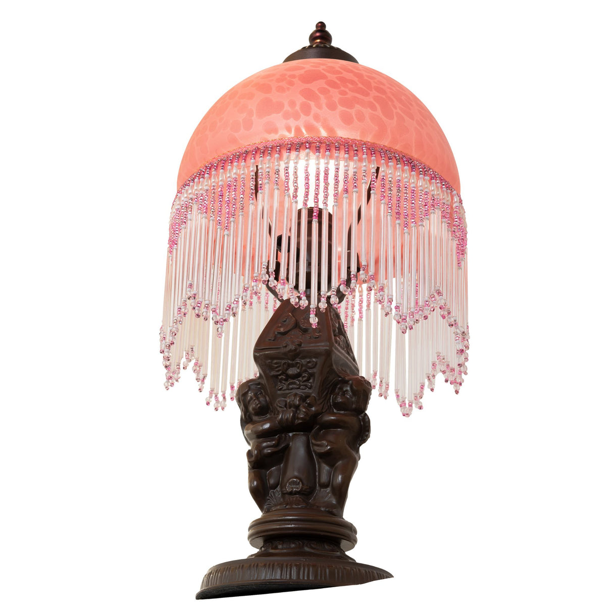 Angled perspective highlighting the glass beaded fringe and ornate cherub base.