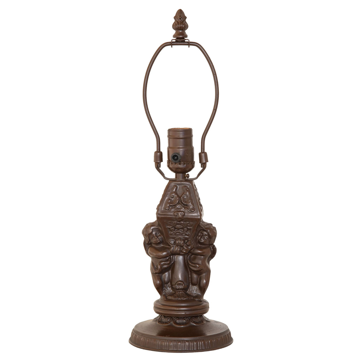 Detailed view of the Roussillon Cherub Mini Lamp’s Mahogany Bronze-finished base featuring twin cherubs.