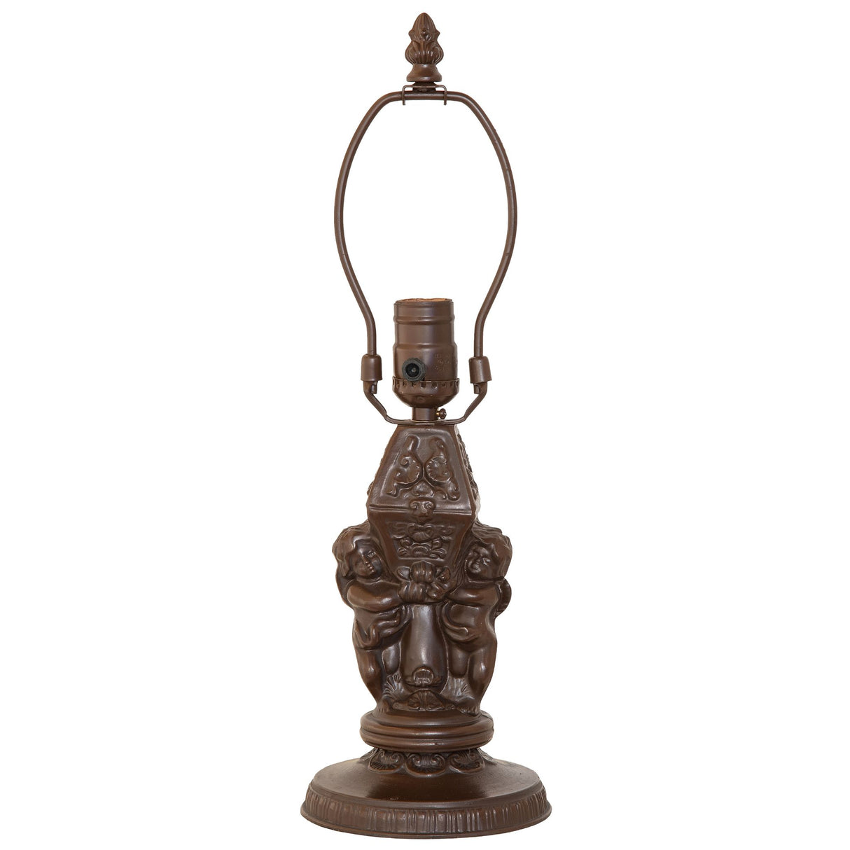 Mahogany Bronze-finished base of the Roussillon Cherub Mini Lamp with intricate cherub detailing.