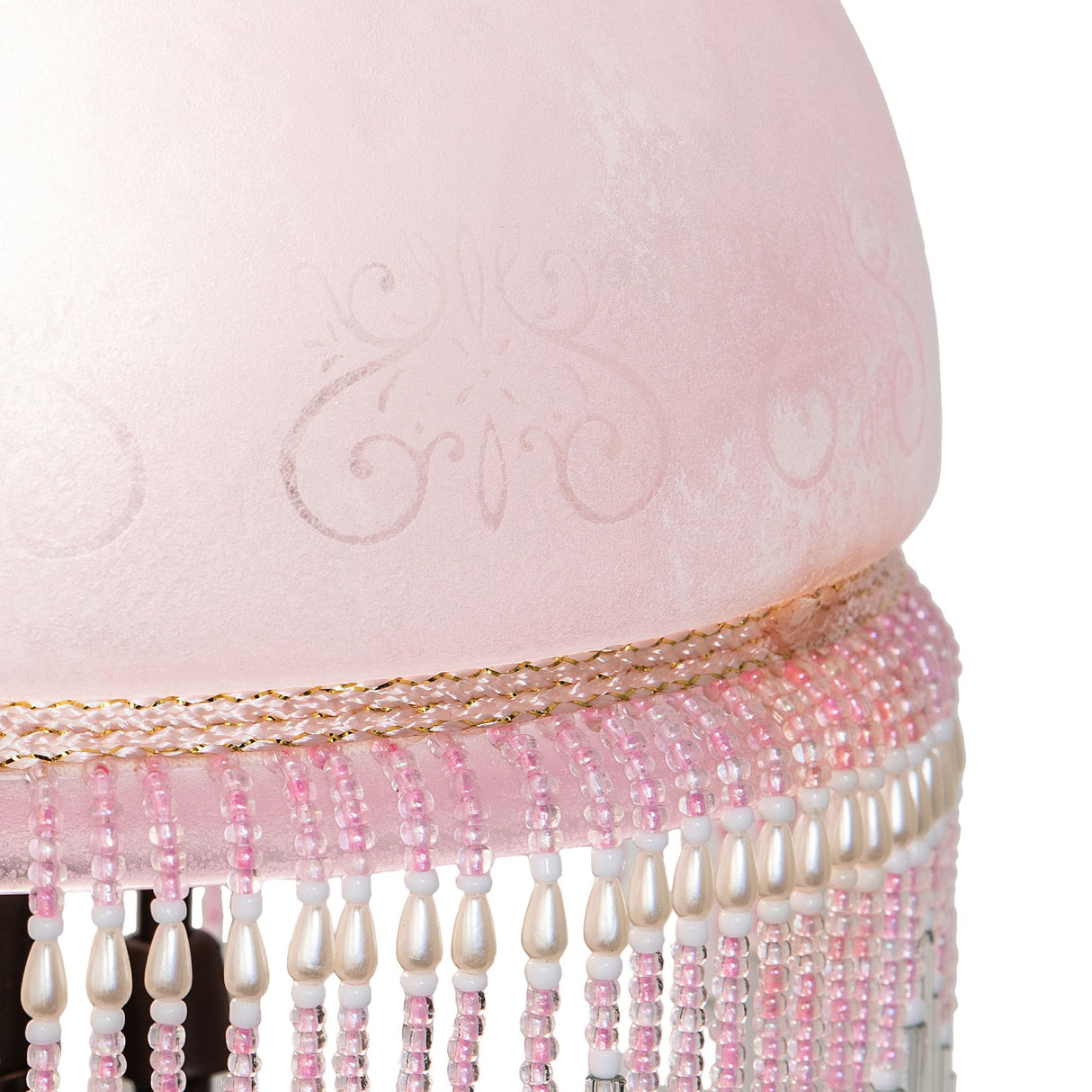 Close-up of the pink glass shade featuring elegant etched detailing.