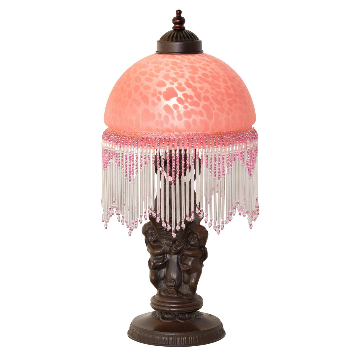 Front view of the Roussillon Cherub Mini Lamp with a Cranberry Mottled Glass shade and beaded fringe.