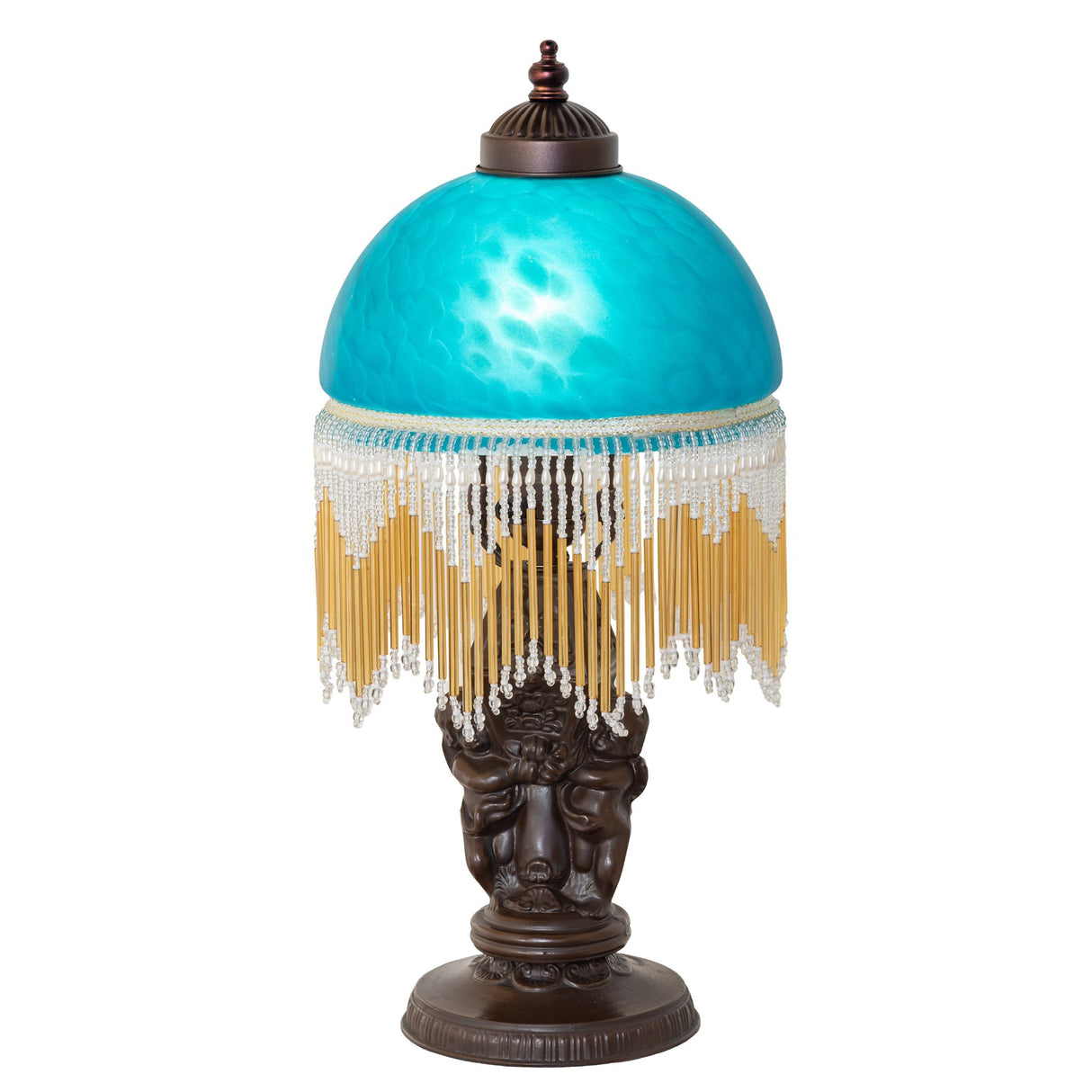 Front view of the Roussillon Cherub Mini Lamp with a teal mottled glass shade and beaded fringe.