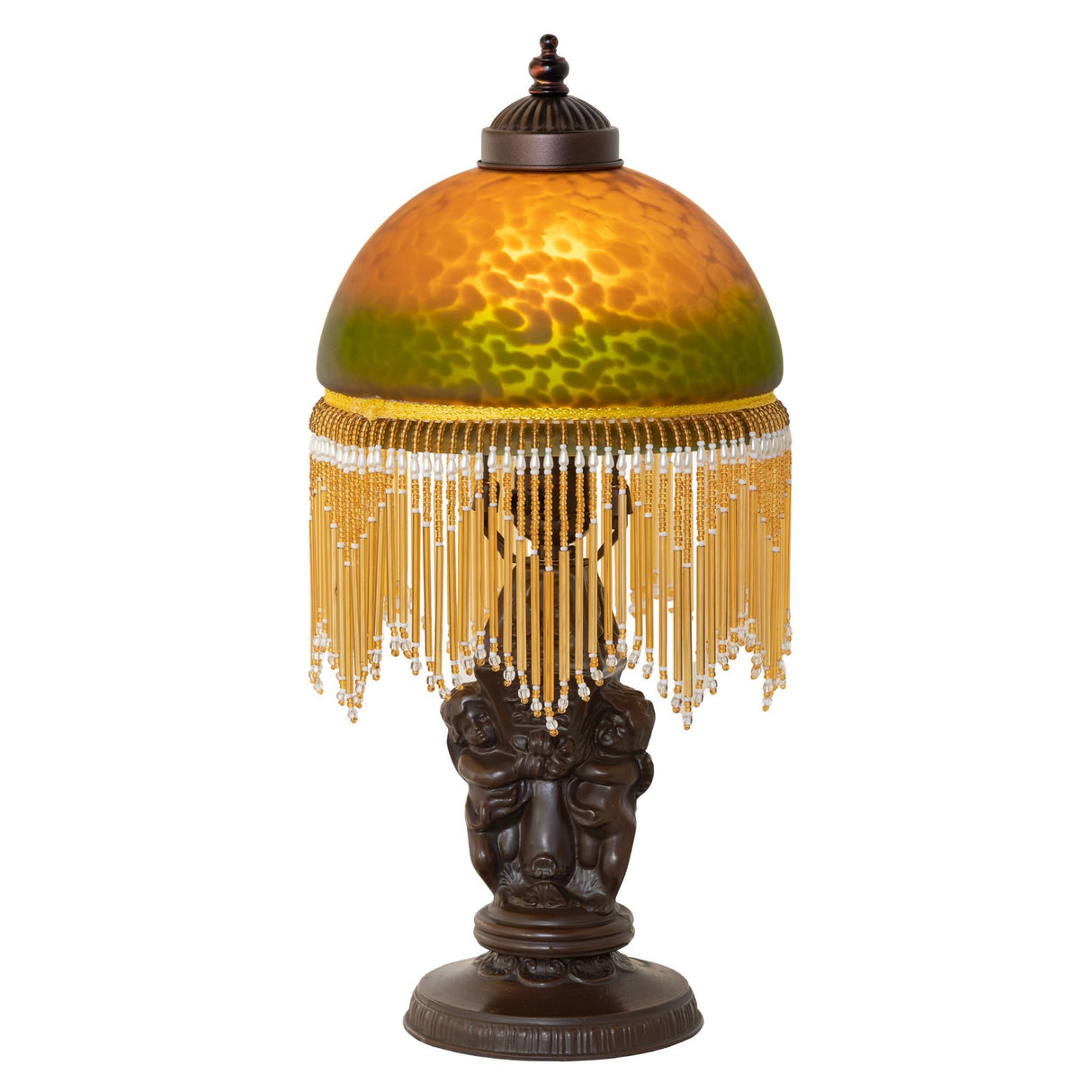 Front view of the Roussillon Cherub Mini Lamp with Amber and Green mottled glass shade and beaded fringe.