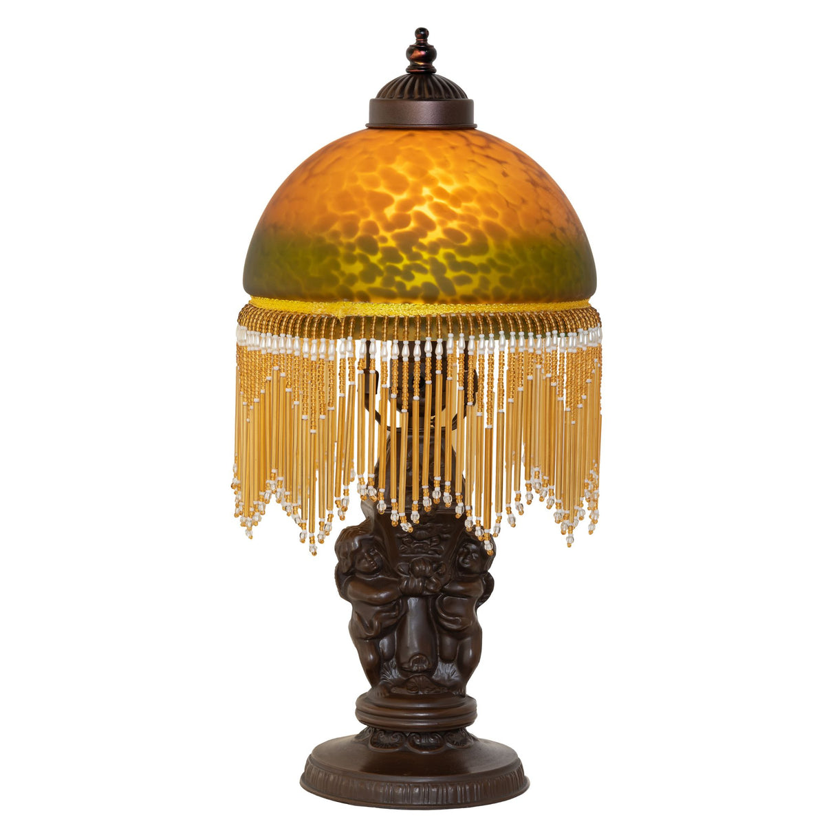 Side view of the Roussillon Cherub Mini Lamp displaying its detailed base and elegant glasswork.