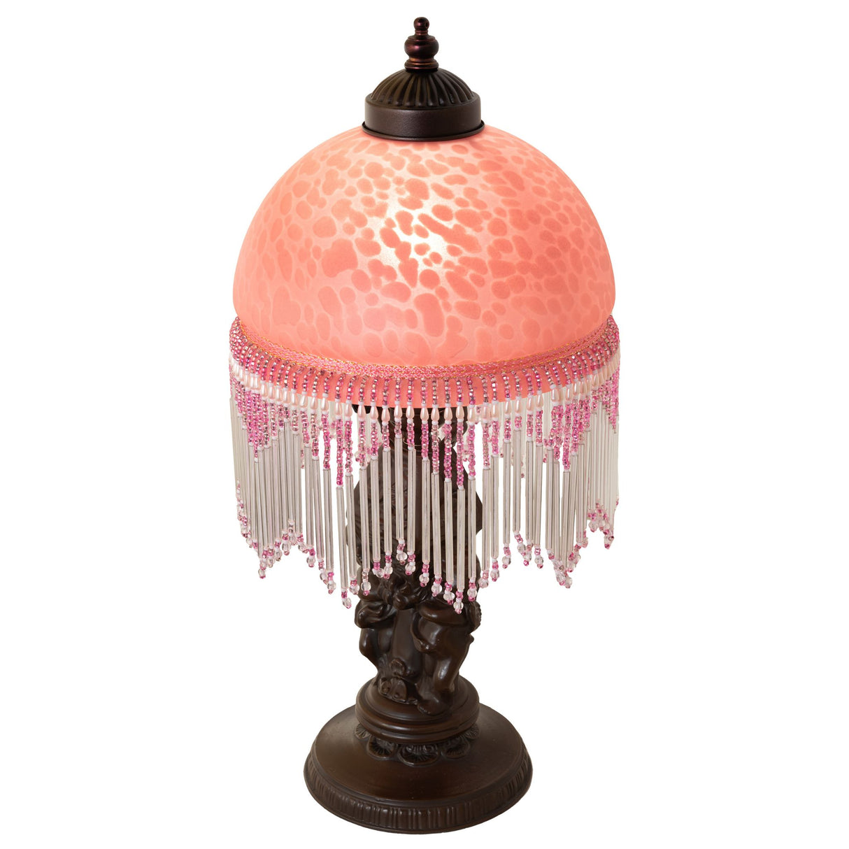 Top view, showcasing its Cranberry Mottled Glass shade and decorative finial.
