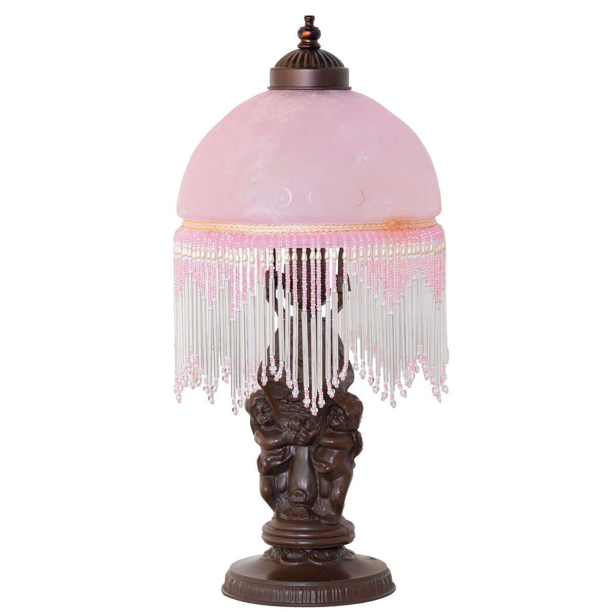 Unlit view of the Roussillon Cherub Mini Lamp featuring a pink glass shade and intricate beaded fringe.