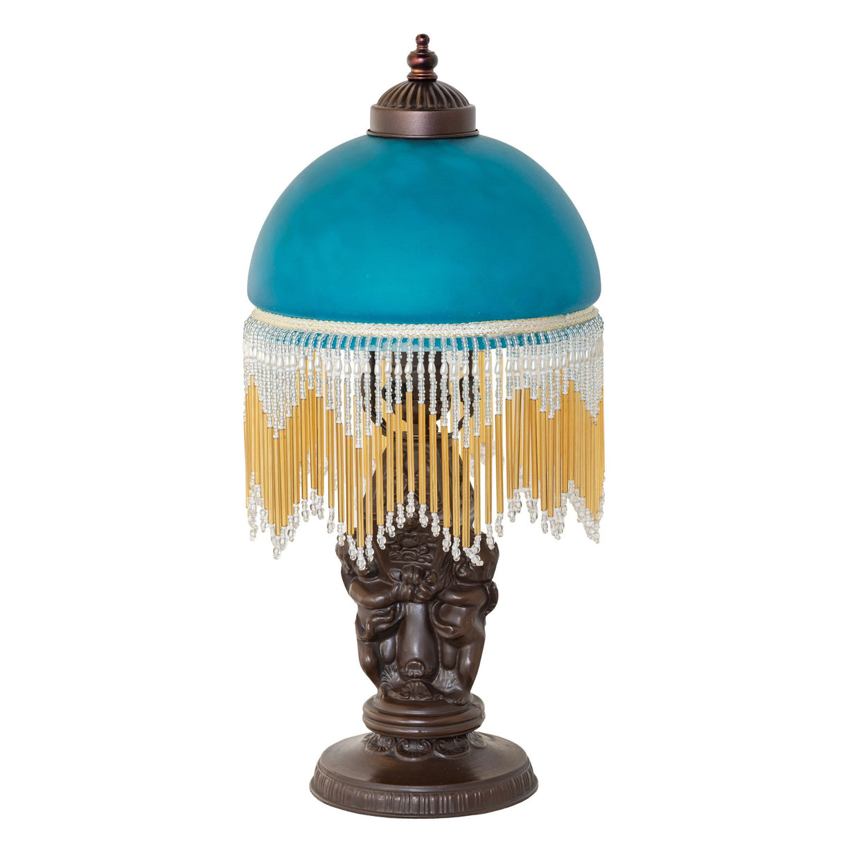 Unlit view of the Roussillon Cherub Mini Lamp with a Victorian-inspired teal glass shade.