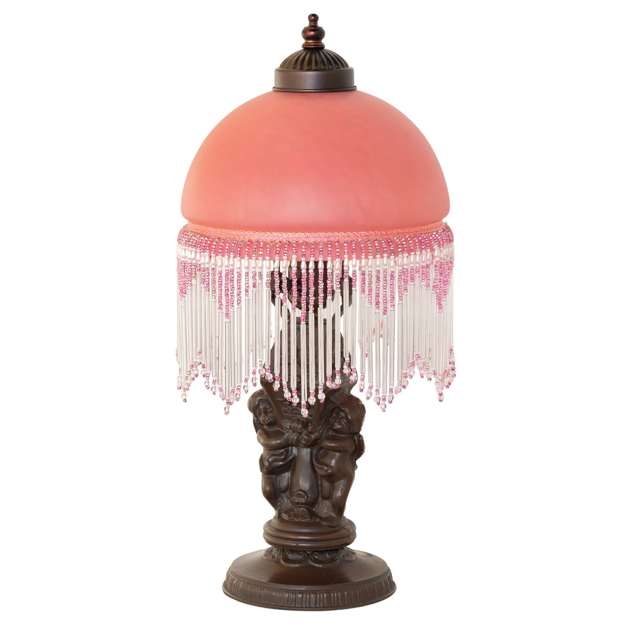 Unlit Roussillon Cherub Mini Lamp showing the elegant Cranberry Mottled Glass shade and beaded fringe.