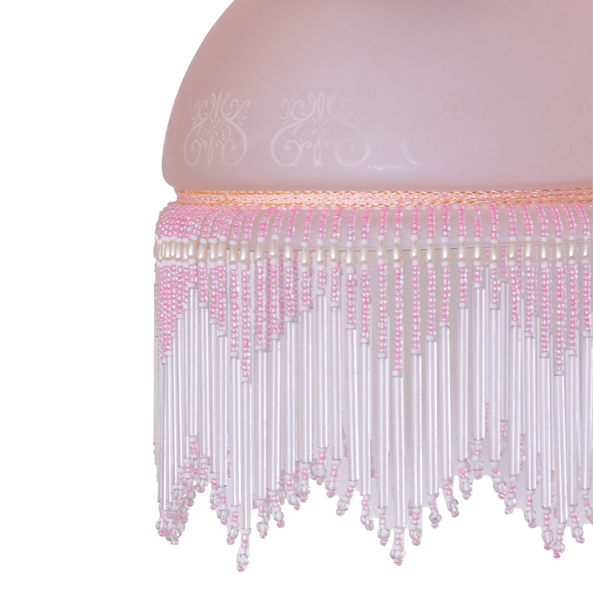 Close-up of the Roussillon Etched Shade with pink and ivory beaded fringe.