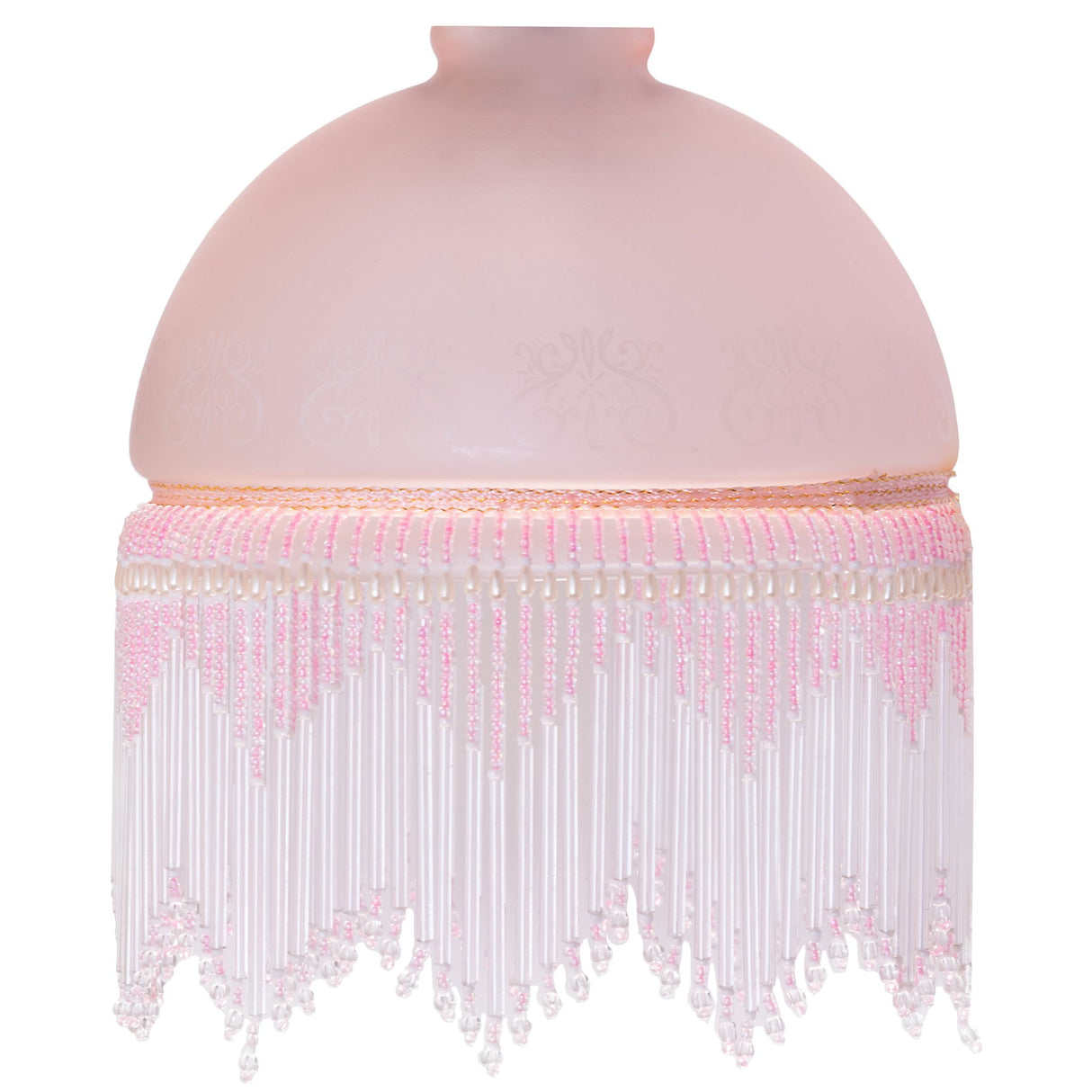 Illuminated pink etched glass shade with delicate pink and ivory beaded fringe.