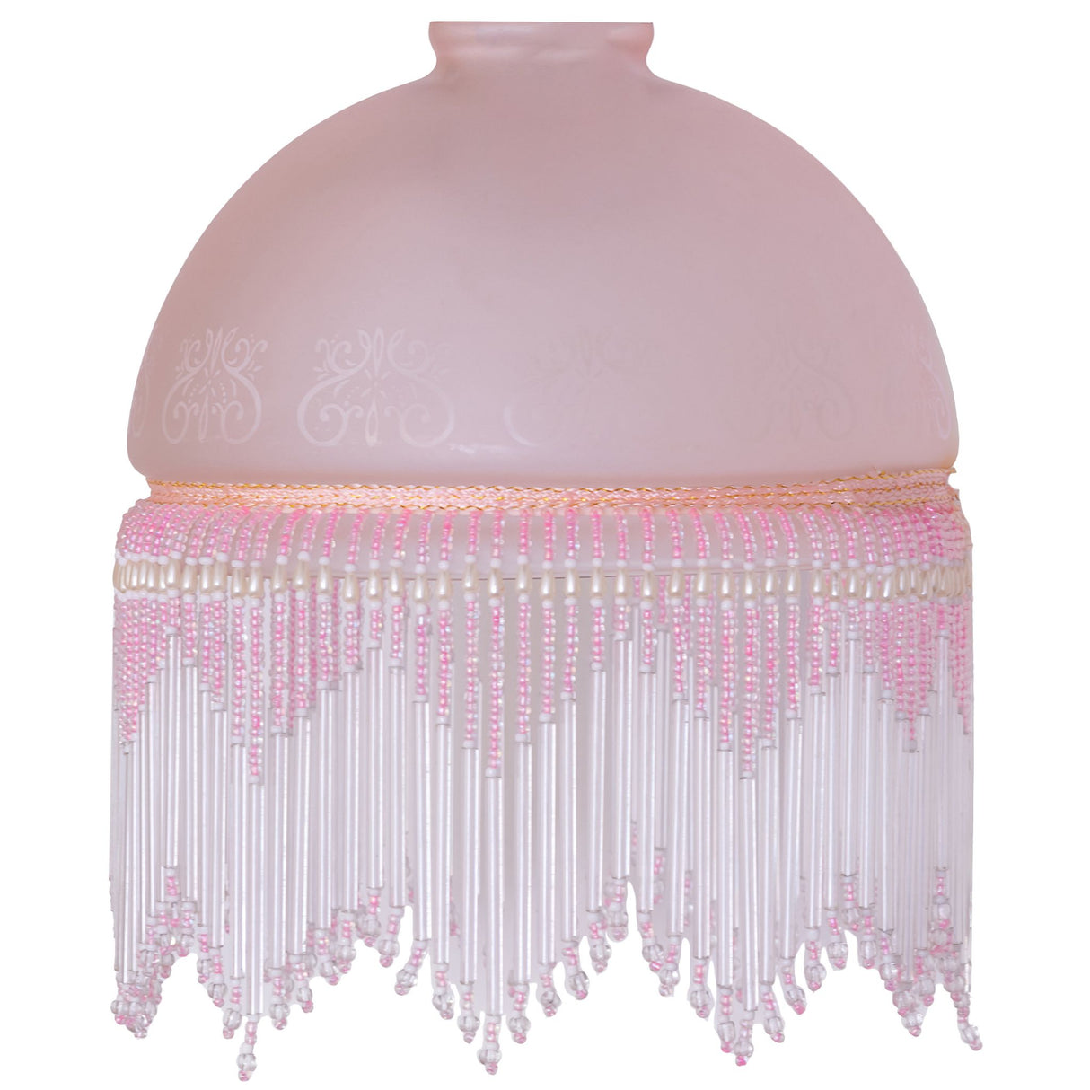 Unlit pink etched glass shade highlighting intricate etching details.