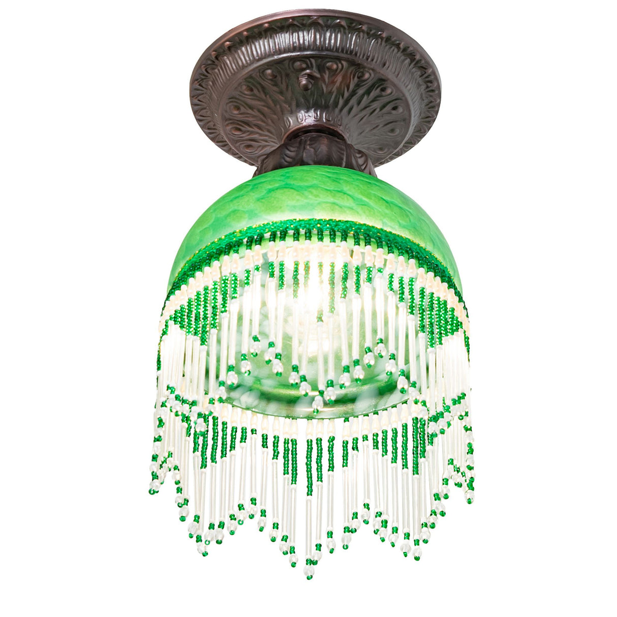 Angled view of green Roussillon flushmount with white bead detailing.