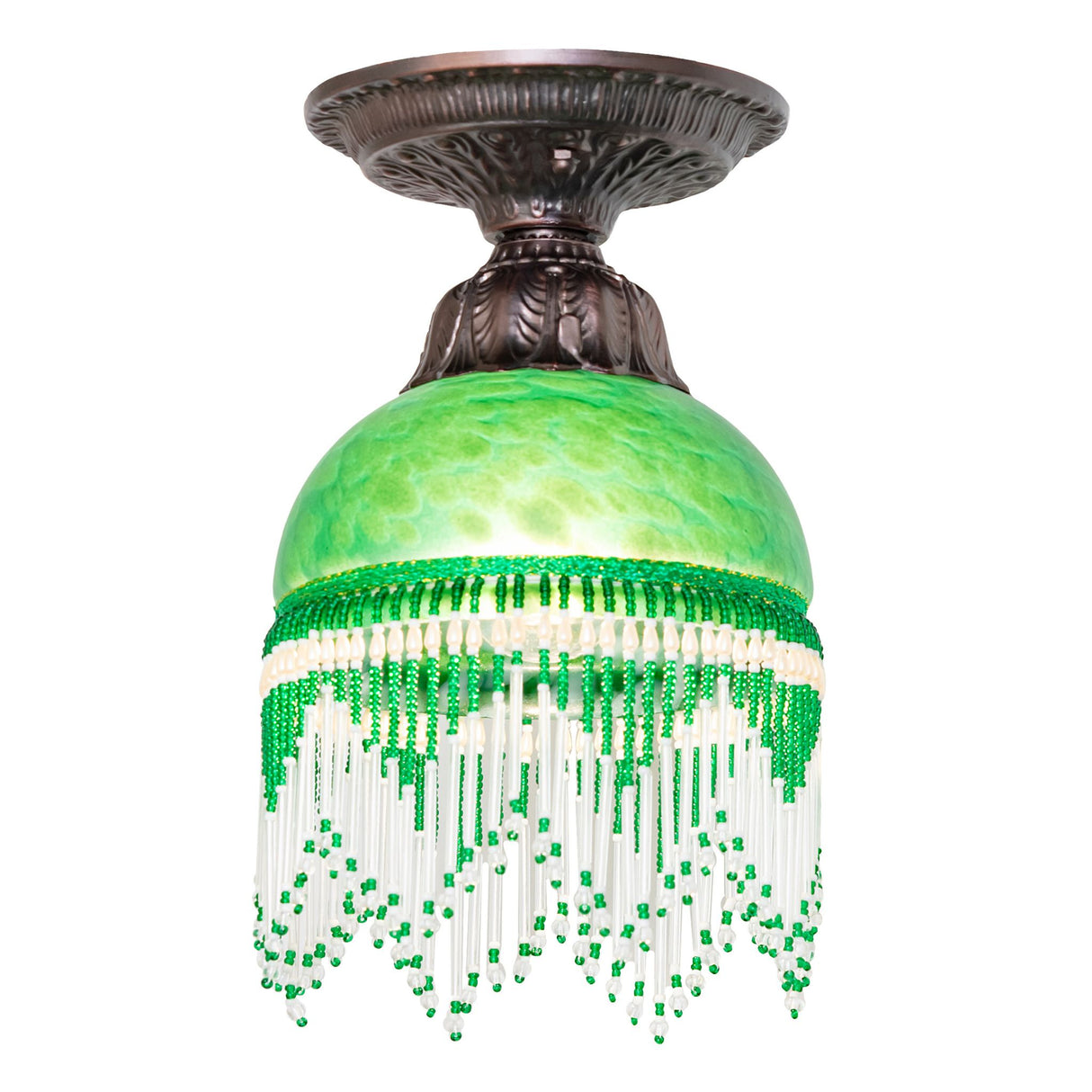 Front view of Roussillon flushmount in green and white with beadwork.