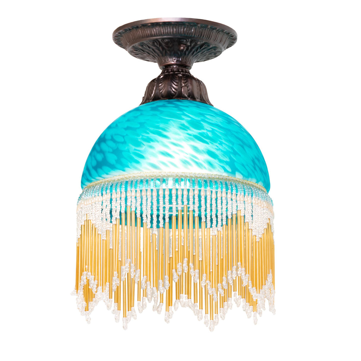 front view of roussillon flushmount with teal mottled art glass shade.