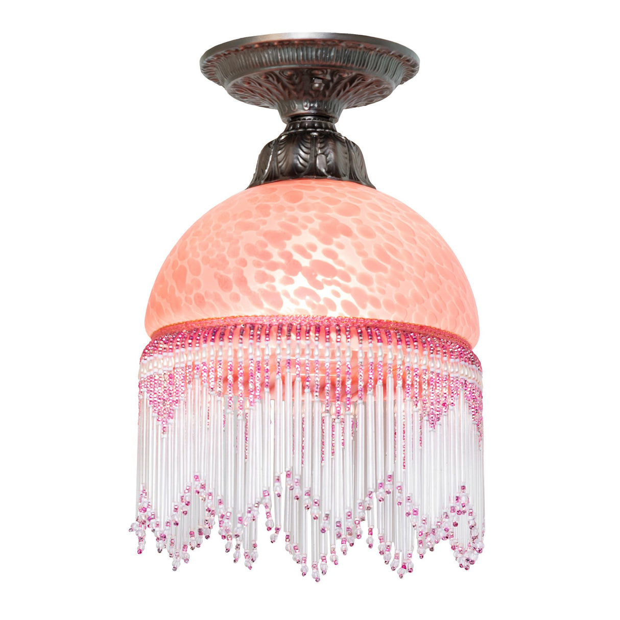 front view of roussillon flushmount with cranberry mottled blown-glass shade.