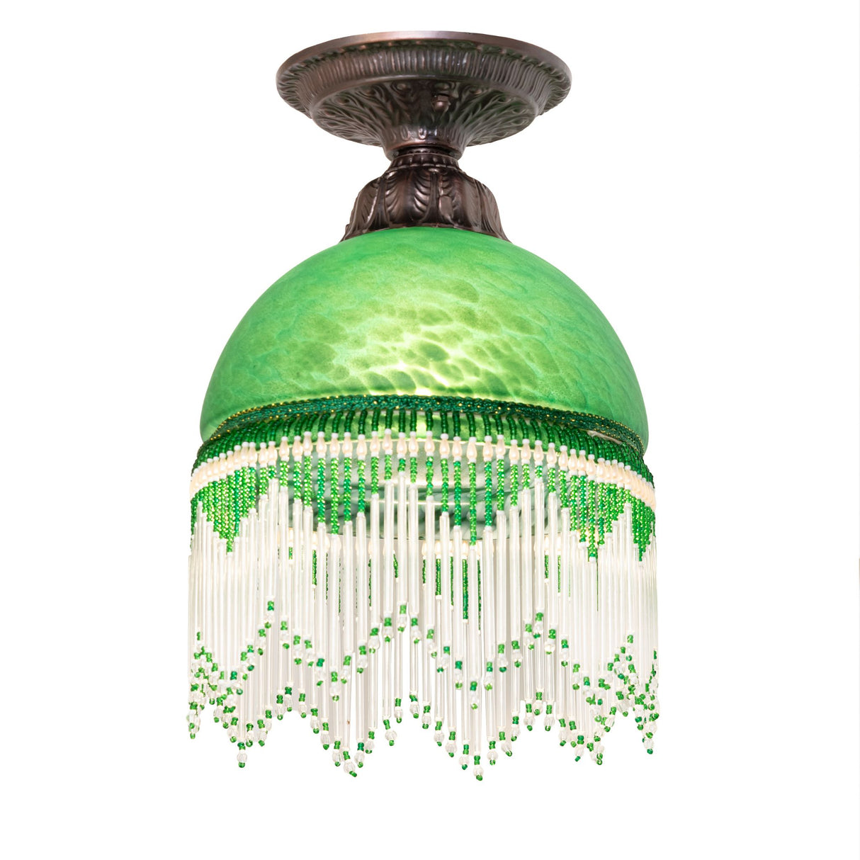 front view of roussillon flushmount with green mottled blown-glass shade.