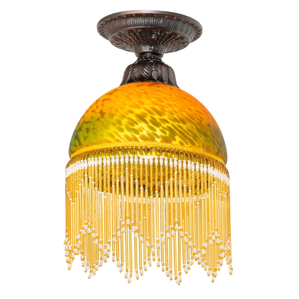 front view of roussillon flushmount with amber-green mottled blown-glass shade.