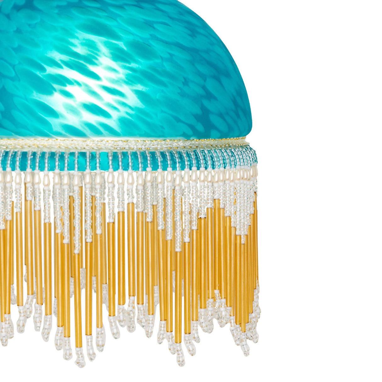 detailed view of beaded fringe and art glass on roussillon flushmount.