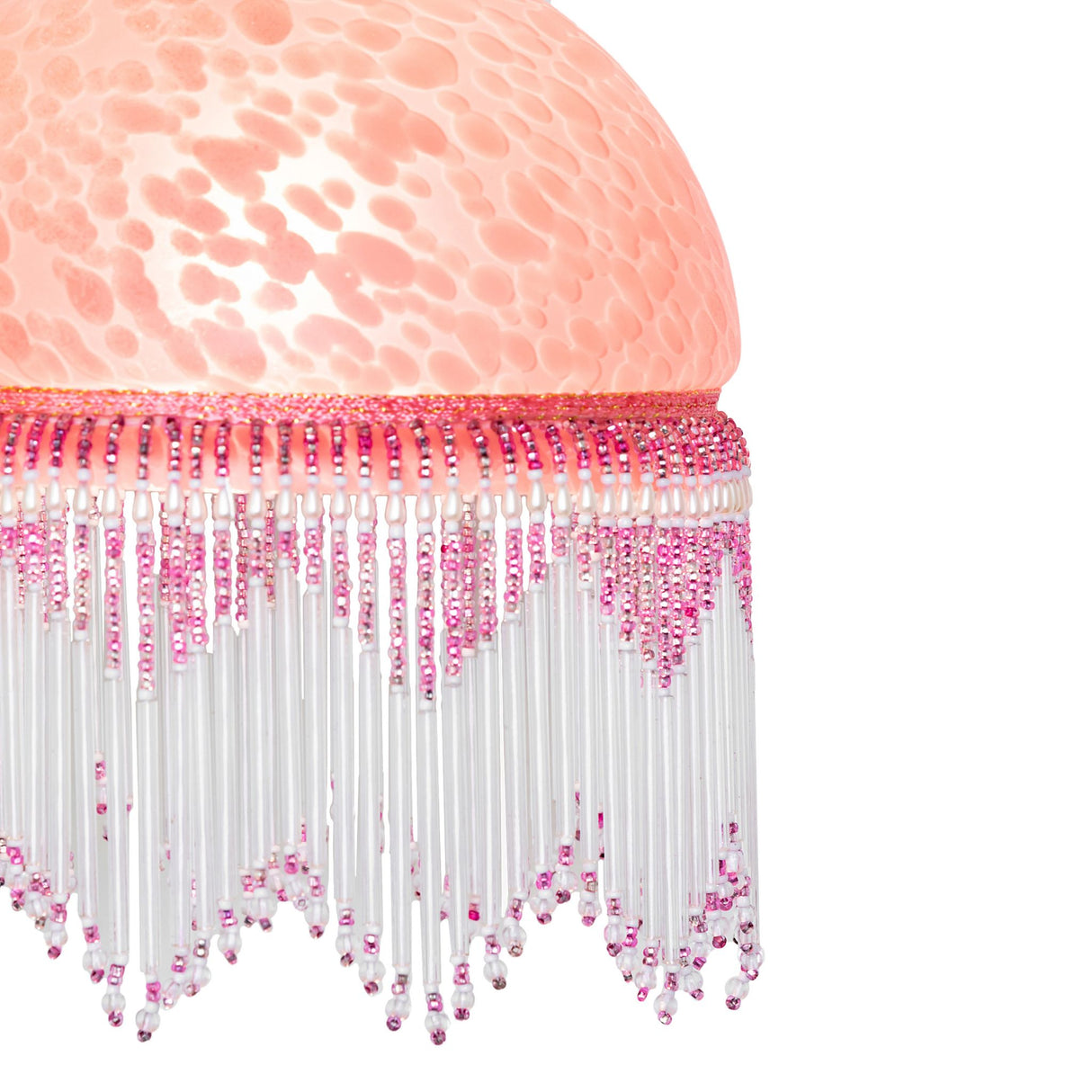 detailed view of cranberry glass shade and beaded fringe on roussillon flushmount.