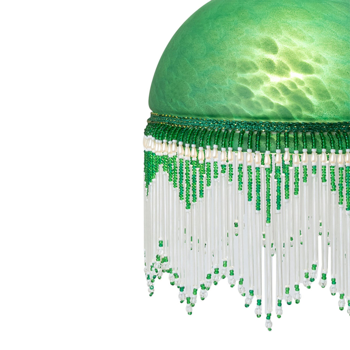 detailed view of green glass shade and beaded fringe on roussillon flushmount.