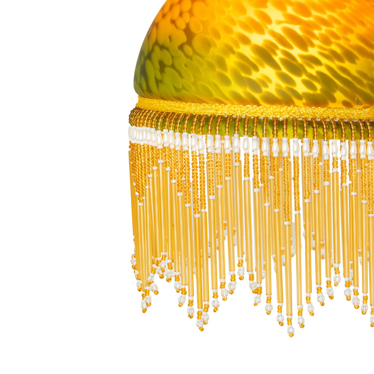 detailed view of amber-green shade and beaded fringe on roussillon flushmount.