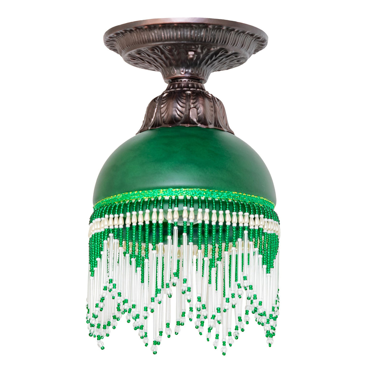 Side profile of green Roussillon flushmount with detailed beadwork.