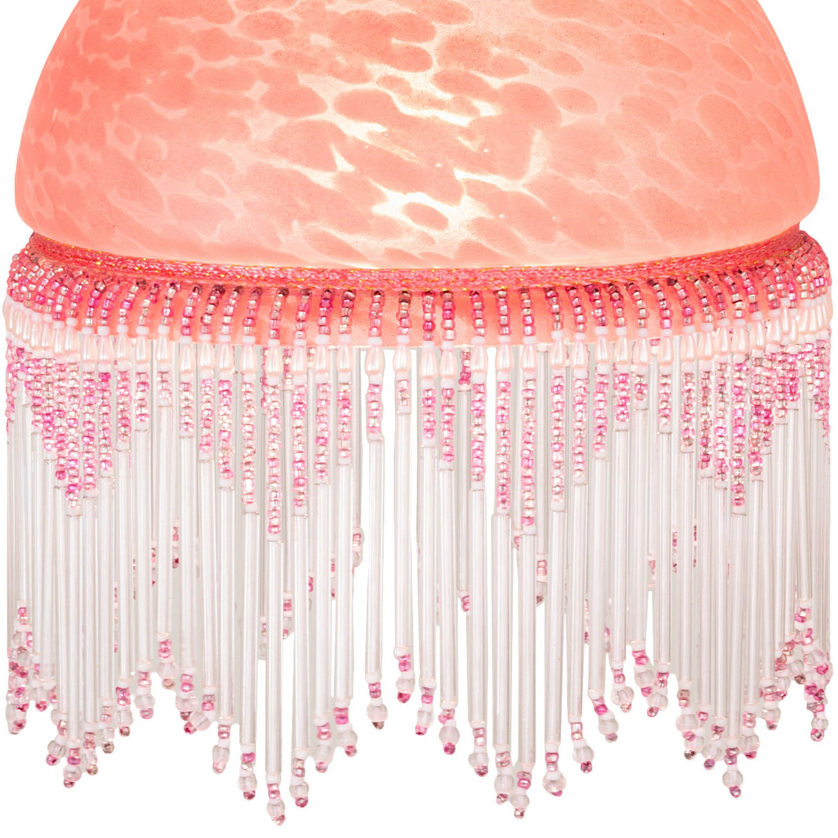 Detailed close-up of Roussillon Mini Pendant's Cranberry Art Glass shade and delicate beaded fringe.