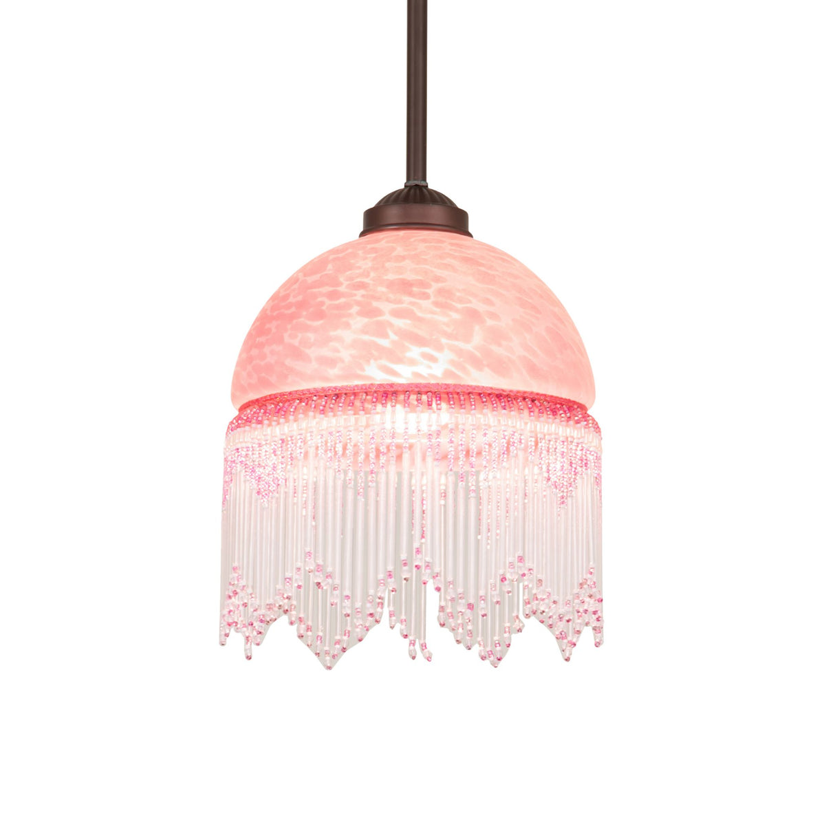 Roussillon Mini Pendant with a glowing Cranberry Art Glass shade and delicate beaded fringe.
